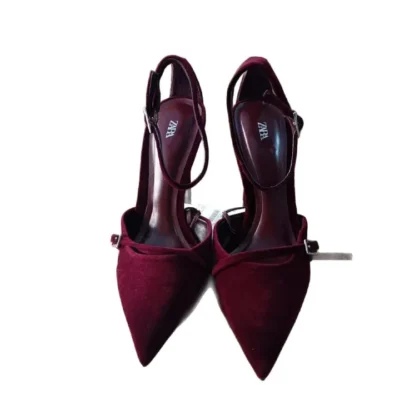 Zara Burgundy Suede Heels – Size 38 (Elegant Pointed Toe with Ankle Strap)